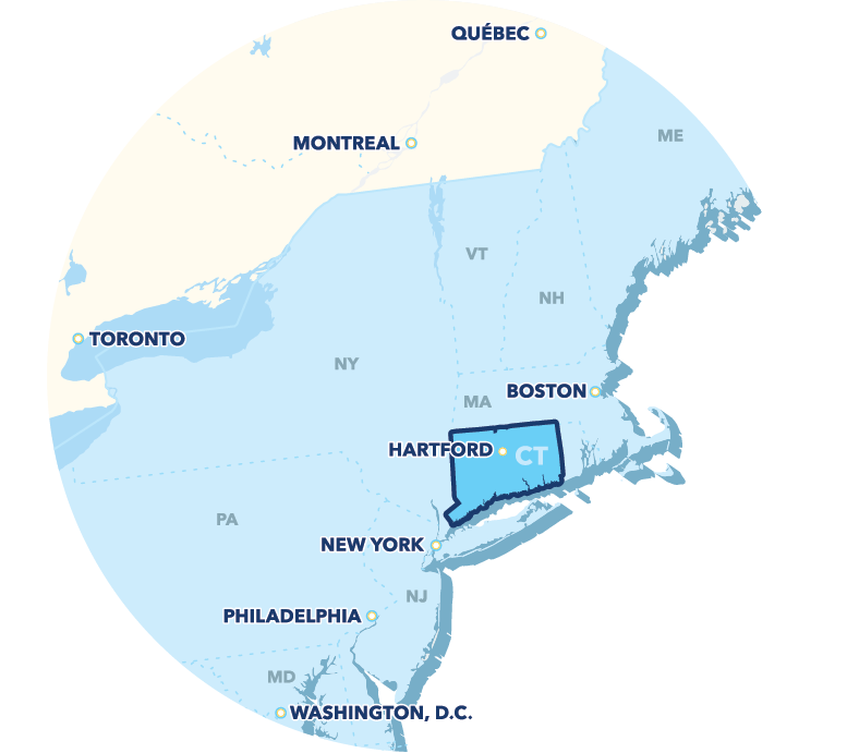 Connecticut at the center of the Northeast U.S.